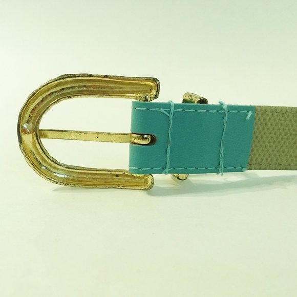 Turquoise Blue Thin Belt Gold Rope Metal Buckle Faux Leather Stitched Womens - Picture 4 of 7